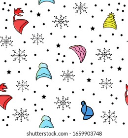 Vector background. Seamless pattern with winter hat. Warm winter hat in doodle style. Vector hand drawn illustration