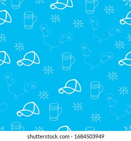 Vector background. Seamless pattern with winter hat mug and mittens. Warm winter hat mug and mittens in doodle style. Vector hand drawn illustration