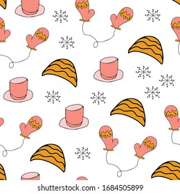 Vector background. Seamless pattern with winter hat mug and mittens. Warm winter hat mug and mittens in doodle style. Vector hand drawn illustration