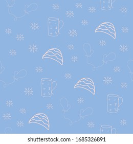 Vector background. Seamless pattern with winter hat mug and mittens. Warm winter hat mug and mittens in doodle style. Vector hand drawn illustration
