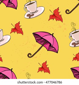 vector background  seamless texture hot coffee umbrella leaf maple red yellow brown