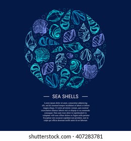 Vector background with seashells. Summer circle concept. Hand drawn illustrations. Place for Your Text. Cute postcard design with sea shells.