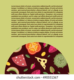 Vector background with a semi-circular Strike the wells stuffed pizza. Light olive background.