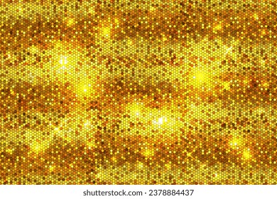 Fondo vectorial de textura dorada secuenciada sin costuras. El fondo con unas baldosas doradas y brillantes. Patrón texturizado para papel pintado o decoración de celebración. Tinsel y tela brillante superficie amarilla