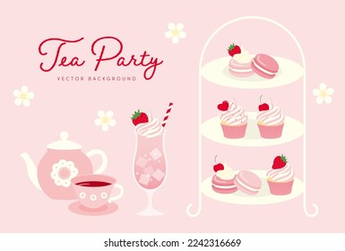 fondo vectorial con un set de té y dulces por la tarde para pancartas, tarjetas, volantes, fondos de pantalla de medios sociales, etc.