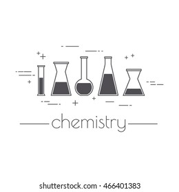 Vector background with set of full icons - flasks. Chemistry - inscription . Science and educational background.