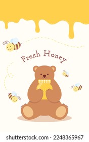 vector background with a set of honey, bear and bees for banners, cards, flyers, social media wallpapers, etc.