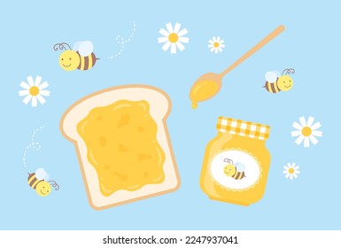 vector background with a set of honey, toast and bees for banners, cards, flyers, social media wallpapers, etc.