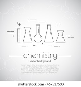 Vector background with set of icons - flasks. Chemistry - inscription . Science and educational background.