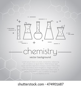 Vector background with set of icons - flasks with bubbles. Chemistry - inscription. Science and educational background.
