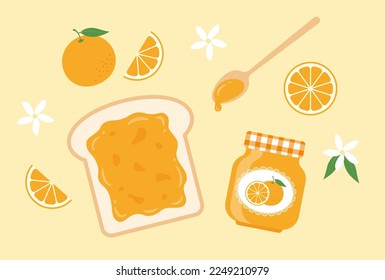 Vektorhintergrund mit einer Reihe von Marmeladen, Toast und Orangen für Banner, Karten, Flyer, Wallpaper in sozialen Medien usw.