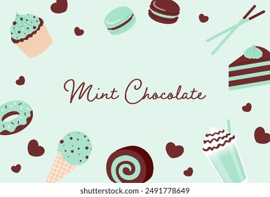 vector background with a set of mint chocolate cakes and desserts for banners, cards, flyers, social media wallpapers, etc.