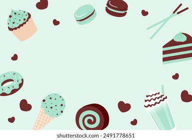 Fondo de Vector con un conjunto de pasteles de chocolate con menta y postres para Anuncios, tarjetas, volantes, Fondos de pantalla de redes sociales, etc.