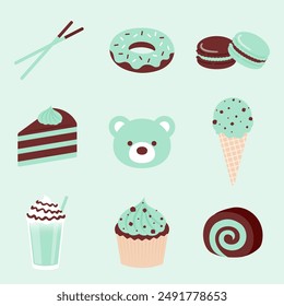 vector background with a set of mint chocolate cakes and desserts for banners, cards, flyers, social media wallpapers, etc.