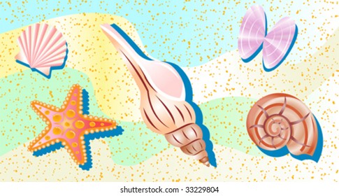 Vector background set mussels and star-fish