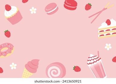 vector background with a set of strawberry cakes and desserts for banners, cards, flyers, social media wallpapers, etc.