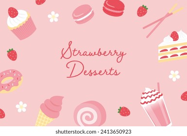 vector background with a set of strawberry cakes and desserts for banners, cards, flyers, social media wallpapers, etc.