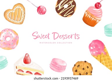 fondo vectorial con un conjunto de postres dulces en acuarela para banners, tarjetas, volantes, fondos de pantalla de medios sociales, etc.