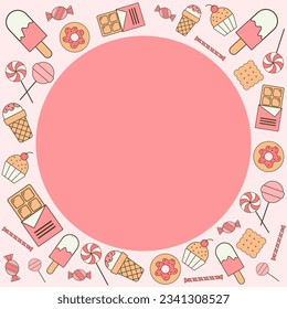 Vector background from a set of sweets, candies and ice cream for design, printing on clothes, packaging, confectionery