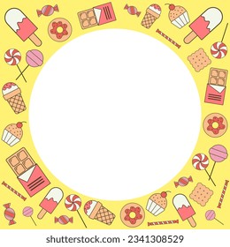 Vector background from a set of sweets, candies and ice cream for design, printing on clothes, packaging, confectionery