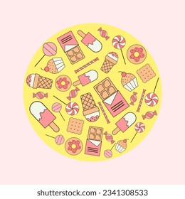 Vector background from a set of sweets, candies and ice cream for design, printing on clothes, packaging, confectionery