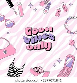 fondo vectorial con un conjunto de prendas lindas y accesorios de los años 2000 o 90 para carteles, tarjetas, volantes, fondos de pantalla de medios sociales, etc.