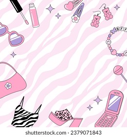 vector background with a set of Y2K or 90s style cute clothes and accessories for banners, cards, flyers, social media wallpapers, etc.