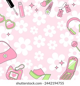 vector background with a set of Y2K or 90s style cute shoes and accessories for banners, cards, flyers, social media wallpapers, etc.