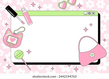 Fondo vectorial con un conjunto de accesorios lindos estilo Y2K o 90 para banners, tarjetas, volantes, fondos de pantalla de redes sociales, etc.