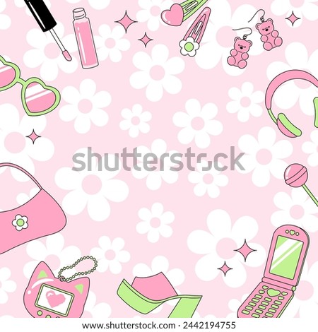 vector background with a set of Y2K or 90s style cute shoes and accessories for banners, cards, flyers, social media wallpapers, etc.