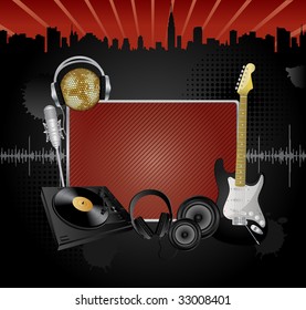 Vector background with the several music objects and banner for your text.