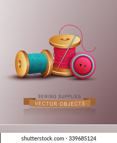 vector background with sewing accessories ( thread, spools, needle and button)