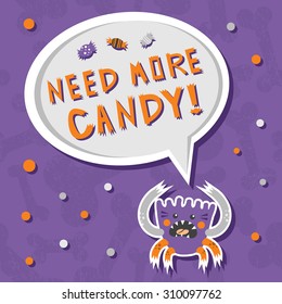 Vector background with shabby bones seamless pattern. Scary, but cute halloween monster hungry for sweets with toothy smile. Good for invitations, banners and other holiday stuff.