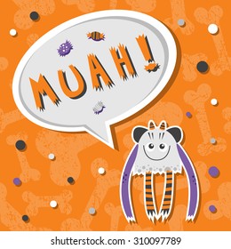 Vector background with shabby bones seamless pattern. Scary cute and lovely halloween monster hungry for sweets with toothy smile. Speech bubble with slang MUAH!Good for invitations and holiday stuff.