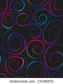 Vector background of shimmering multicolored spirals consisting of circles