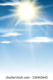 Vector Background with Shining Sun and Clouds at Blue Sky
