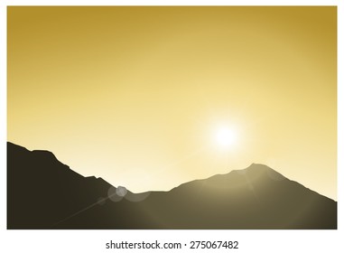 Vector background of shiny sky and silhouette of mountains. Eps 10.
