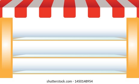 Vector background with shopping stand. Red and white awning and shelves