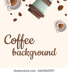 A vector background showing coffee cups, beans, and a stylish caption. A bright green plastic cup lies upside down next to a beautiful white cup filled with hot coffee. Ideal for coffee advertising.