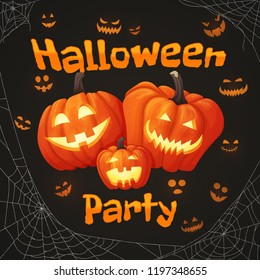 Vector background, sign, banner design. Halloween party poster with three smiling pumpkins and glowing faces on the dark background with cobwebs.