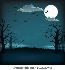 Vector Background, Sign, Poster Design. Spooky Night Background With Full Moon, Clouds, Bats, Bare Trees Silhouettes And Dark Blue Sky