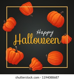 Vector background, sign, poster design. Happy halloween greeting card. Yellow square frame with orange pumpkins on a dark background.