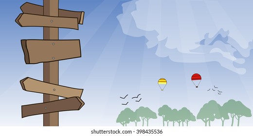 Vector background of signposts with forest on background, blue sky. Air ballons