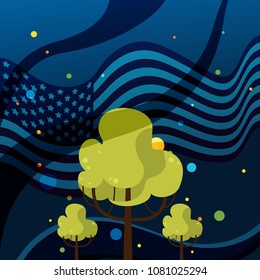 Vector background with a silhouette of American flag and trees