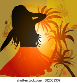 Vector background silhouette girl and palm trees.