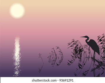 Vector background. Silhouette of heron in the reeds at the tender pink sunset on a quiet lake