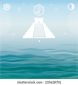 Vector background: silhouette a pyramid Maya with the astronaut, with a place for the text. Sea background.