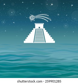 Vector background: silhouette a pyramid Maya. Sea background. Place for the text.