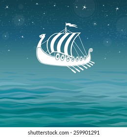 Vector background: a silhouette of the ship of Vikings on a sea background. Place for the text.