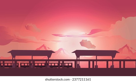 Silueta vectorial de fondo de la estación de tren en la tarde y puesta de sol en estilo anime. El cielo rojo se acabó.